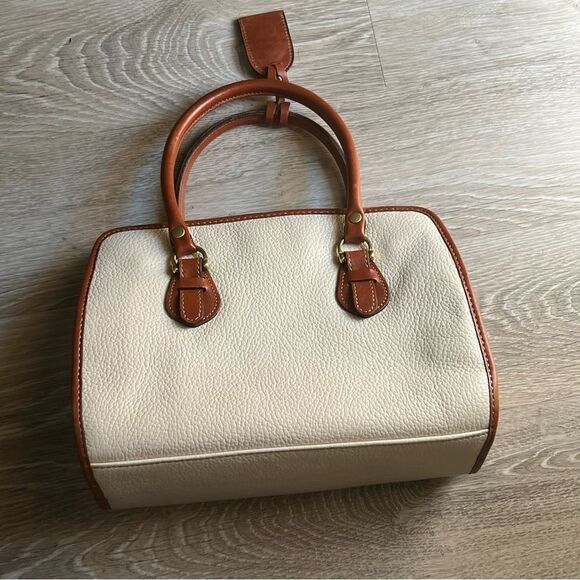 VTG 90s Liz Claiborne Leather Rolled Dual Handle Cream Pebbled Leather brown Bag - Picture 15 of 15